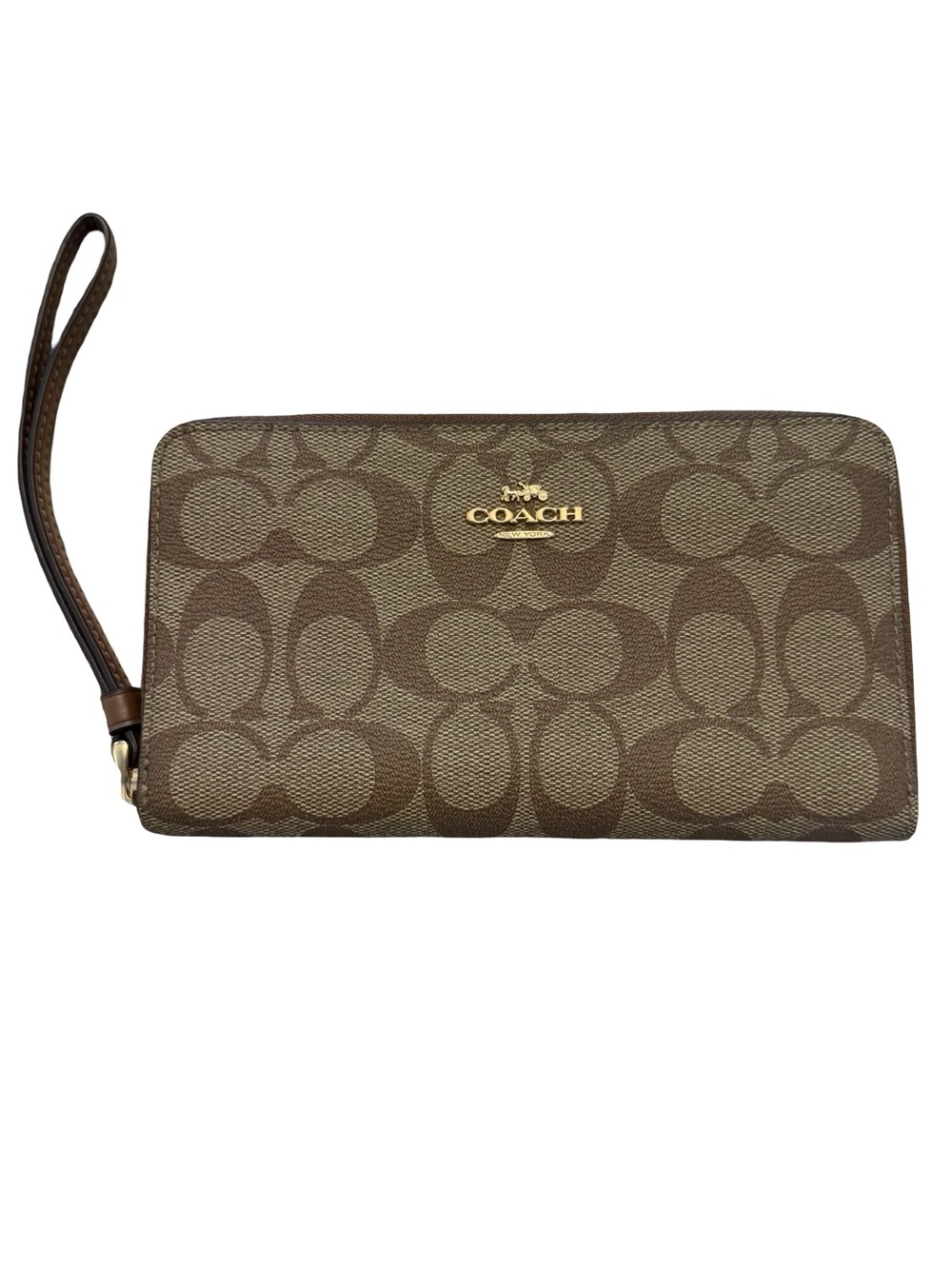 Coach Brown Signature Canvas wallet Wristlet with Gold Logo and strap